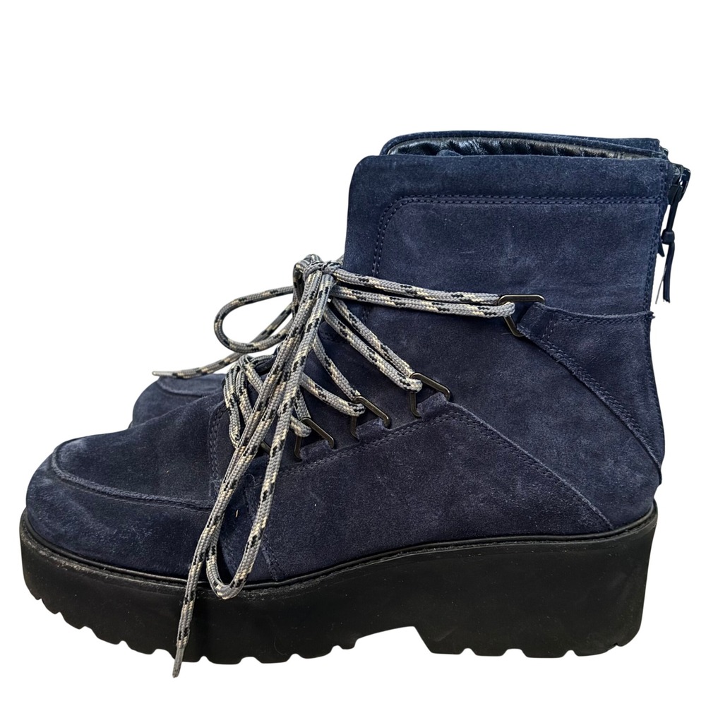 Stuart Weitzman Below Deck Suede Combat Boots Sz 8.5 Ocean Blue Lug Sole Lined